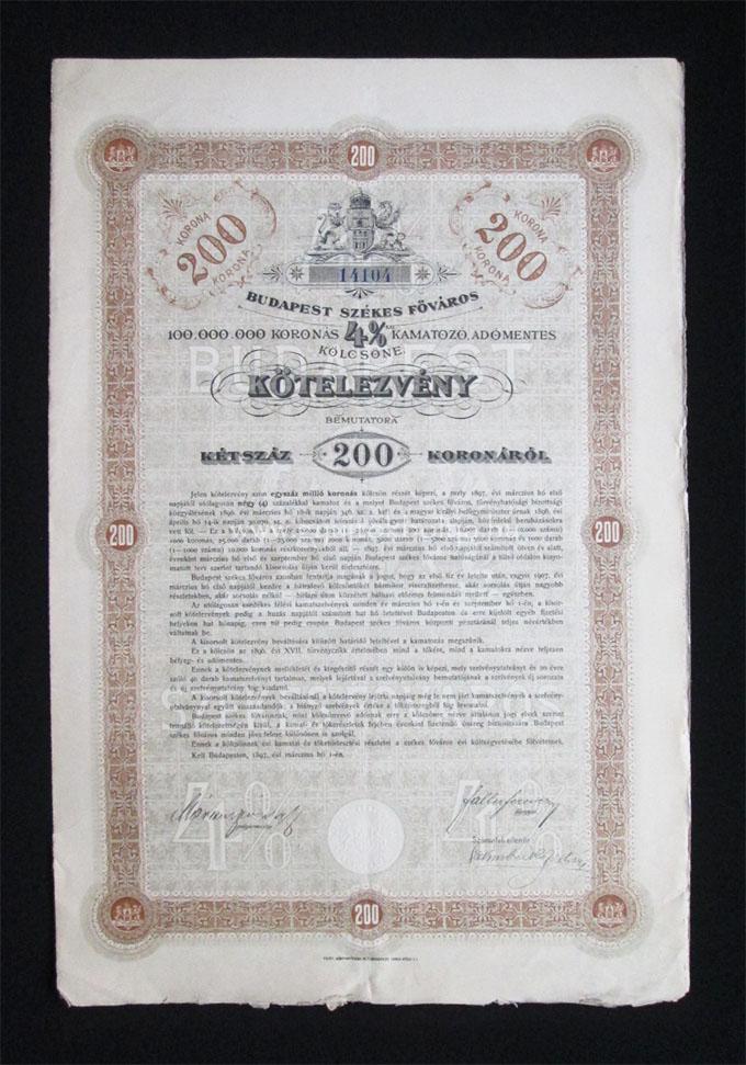 Budapest Székesfőváros kötelezvény 200 korona 1897